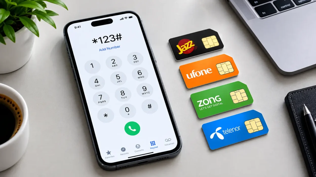 Infographic displaying USSD codes to check mobile numbers for Jazz Zong Telenor and Ufone in Pakistan