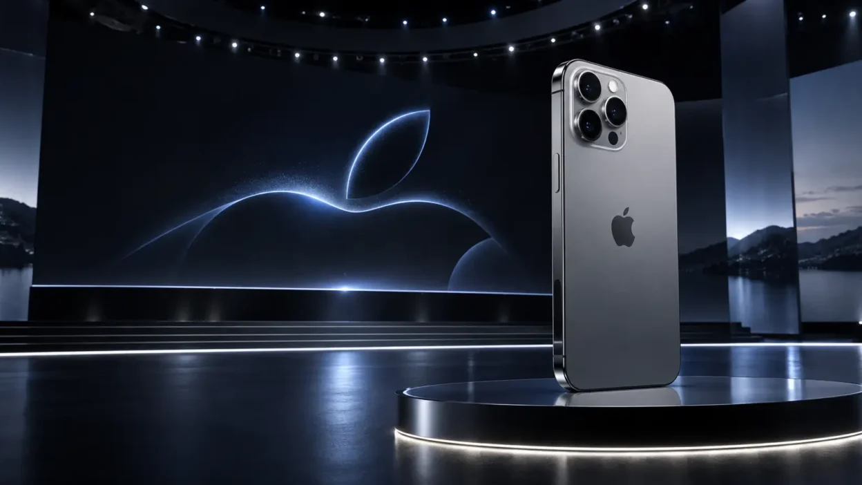 Premium featured image of a next-generation iPhone 18 Pro Max on a futuristic stage during Apple Event 2026