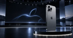 Premium featured image of a next-generation iPhone 18 Pro Max on a futuristic stage during Apple Event 2026