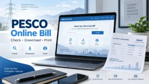 PESCO online bill check on laptop screen with electricity bill document