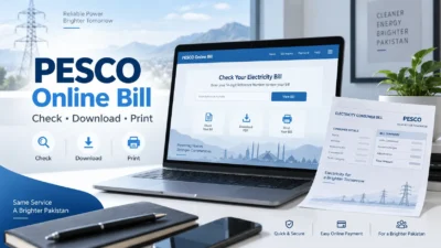 PESCO online bill check on laptop screen with electricity bill document