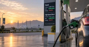Latest petrol price in Pakistan today with a fuel pump and car at a modern petrol station