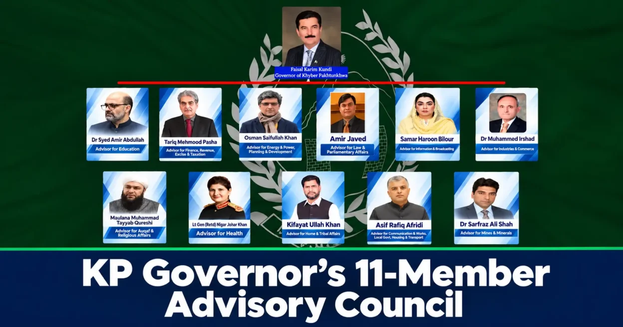 Faisal Karim Kundi chairing the Khyber Pakhtunkhwa Governor's Advisory Council boardroom meeting with 11 technocratic, religious, and military members in front of a provincial development map screen.