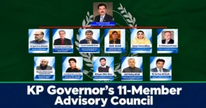 Faisal Karim Kundi chairing the Khyber Pakhtunkhwa Governor's Advisory Council boardroom meeting with 11 technocratic, religious, and military members in front of a provincial development map screen.
